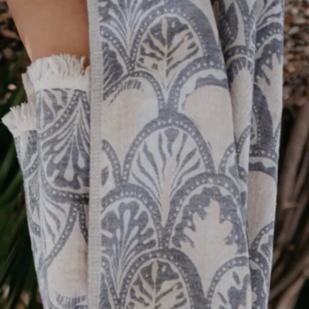 Succulents Blue Woven Cotton 2-in-1 Blanket Towel • Privacy Curtain Shower 4 PC